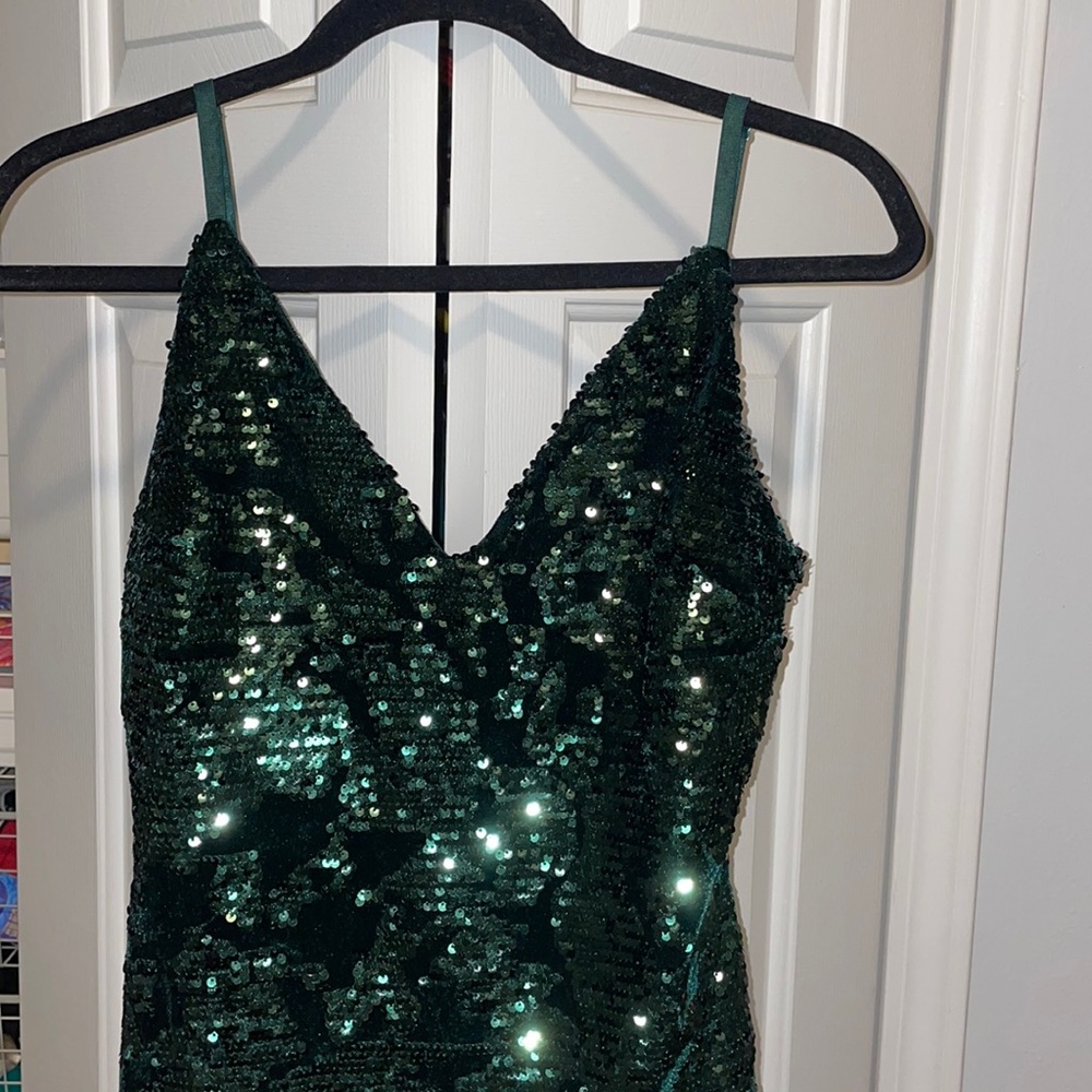 Green velvet and sequin dress with adjustable straps